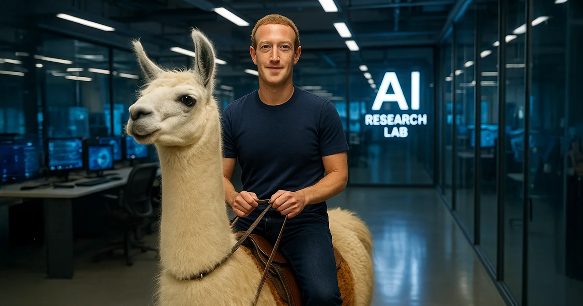 Marc Zuckerberg reitet auf einem Lama im KI-Labor